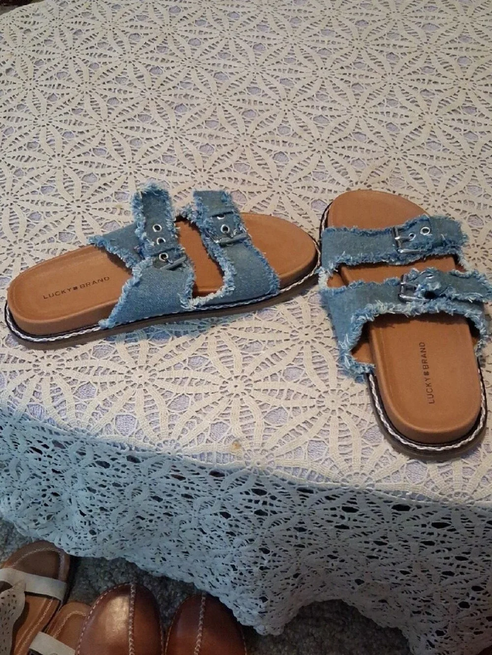 Lucky Brand Kids Frayed Denim Double-Buckle Slide Sandals - Blue